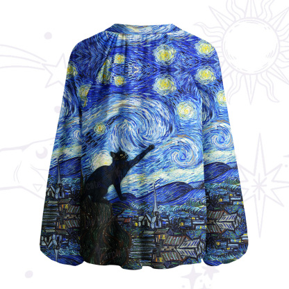 Purplehecate Witch Cat Under the Starry Night Split Neck Tie Blouse