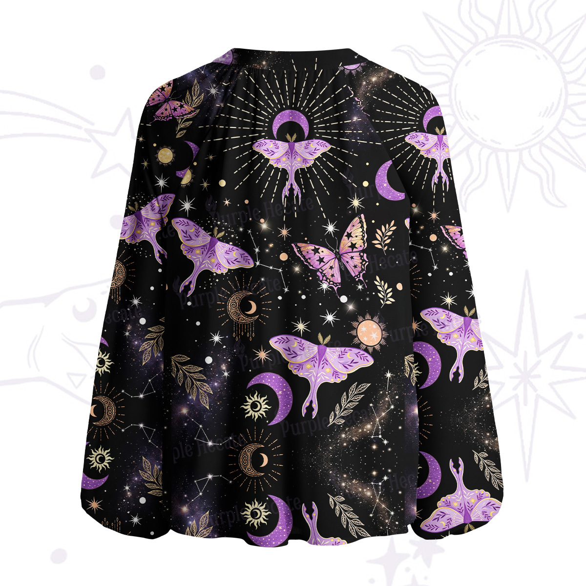 Purplehecate Starry Night Lunar Moth Split Neck Tie Blouse