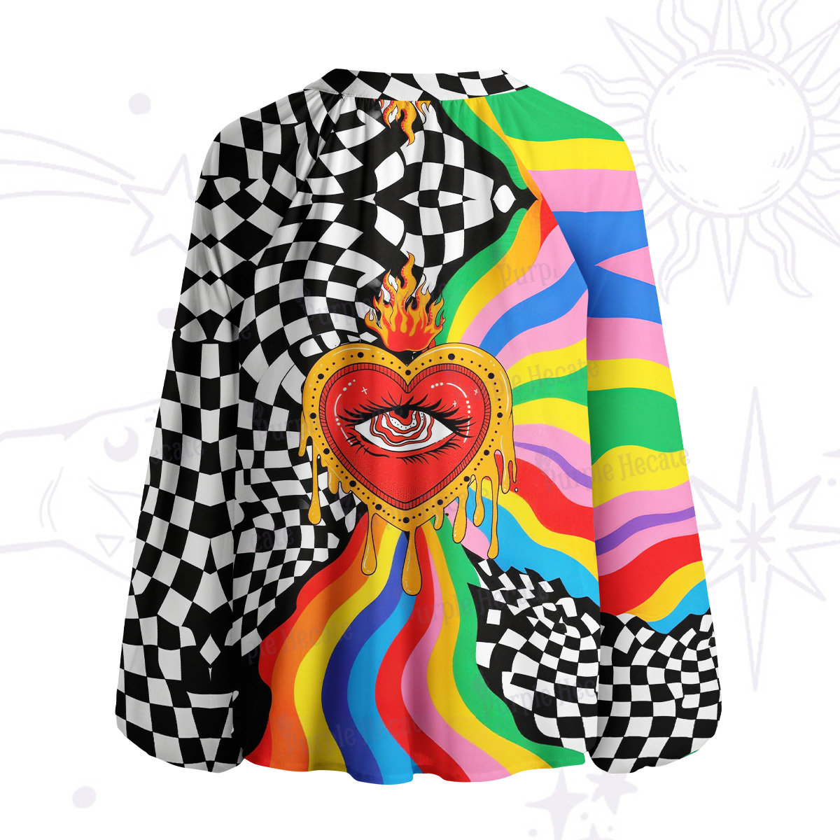 Purplehecate Trippy Rainbow Heart Eye Split Neck Tie Blouse
