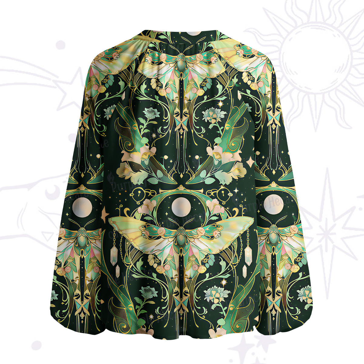 Purplehecate Moon Moth Rave Split Neck Tie Blouse