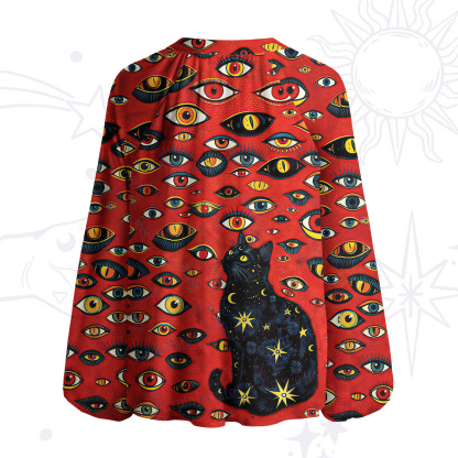 Purplehecate Cosmic Watcher Cat Split Neck Tie Blouse