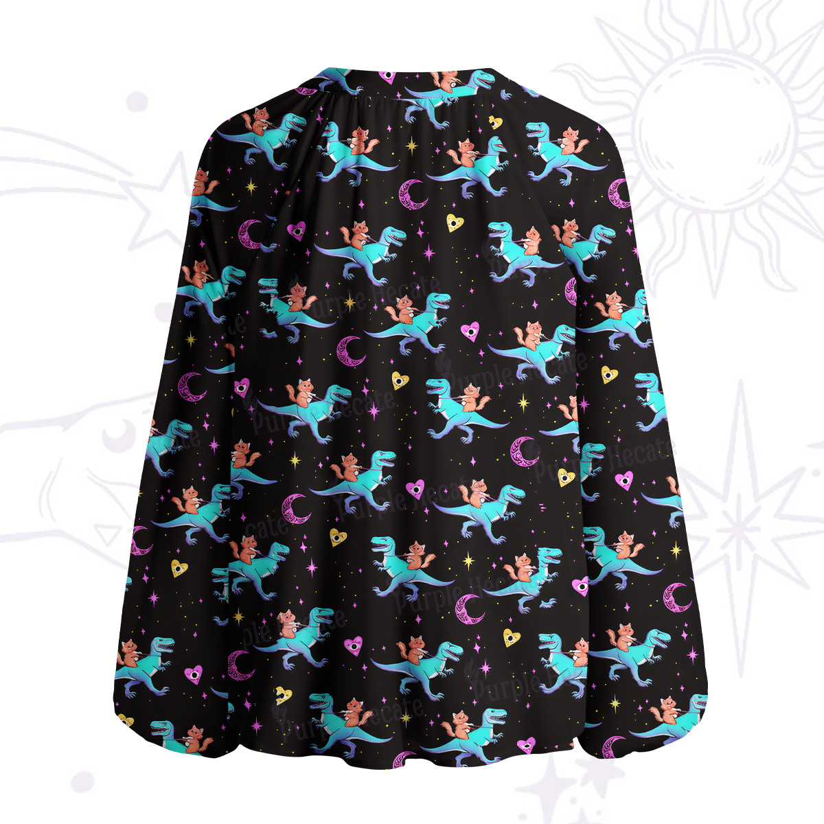 Purplehecate Witch Cat Rides the Dino Split Neck Tie Blouse