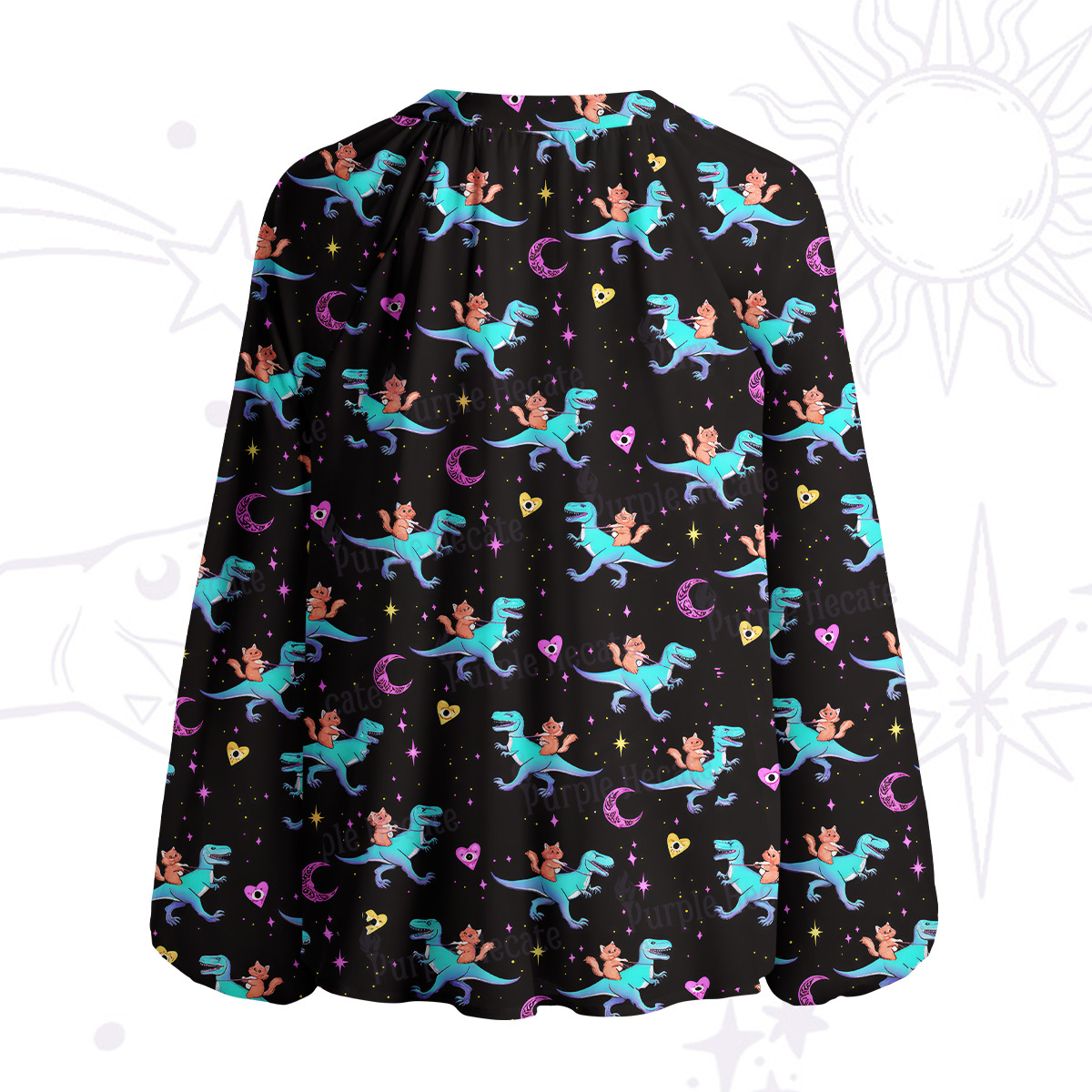 Purplehecate Witch Cat Rides the Dino Split Neck Tie Blouse