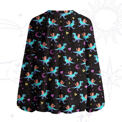 Purplehecate Witch Cat Rides the Dino Split Neck Tie Blouse