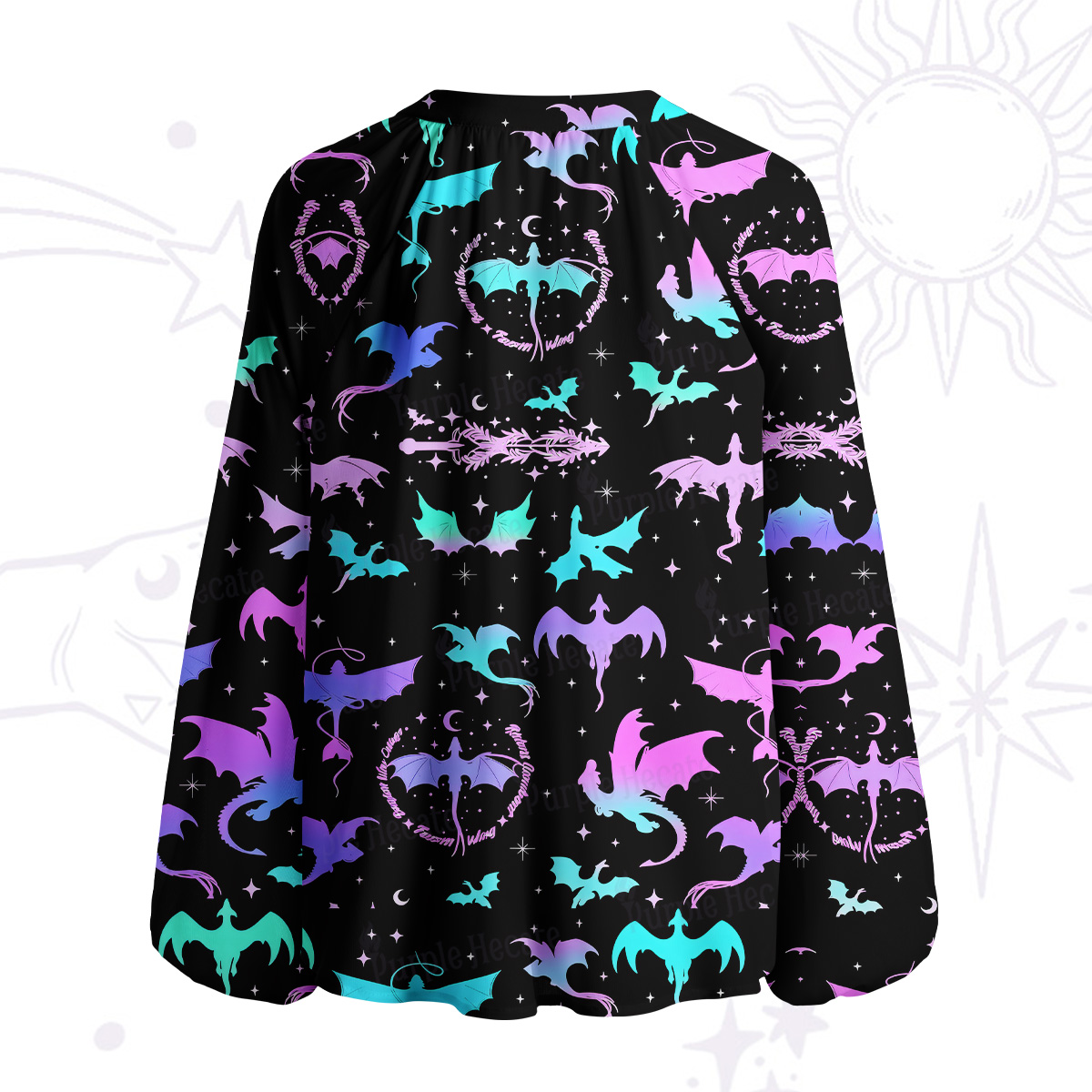 Purplehecate Neon Fantasy Dragon Allover Split Neck Tie Blouse