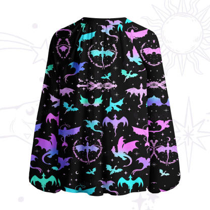 Purplehecate Neon Fantasy Dragon Allover Split Neck Tie Blouse