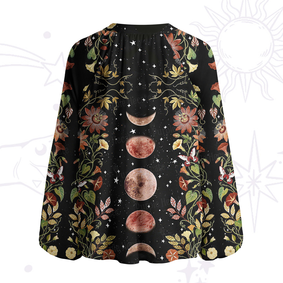 Purplehecate Moon Phase Floral Split Neck Tie Blouse