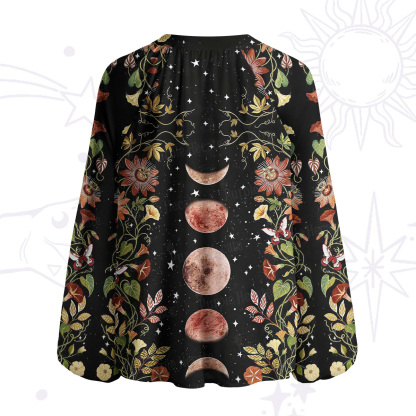 Purplehecate Moon Phase Floral Split Neck Tie Blouse