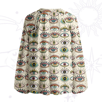 Purplehecate Evil Eye Pattern Split Neck Tie Blouse