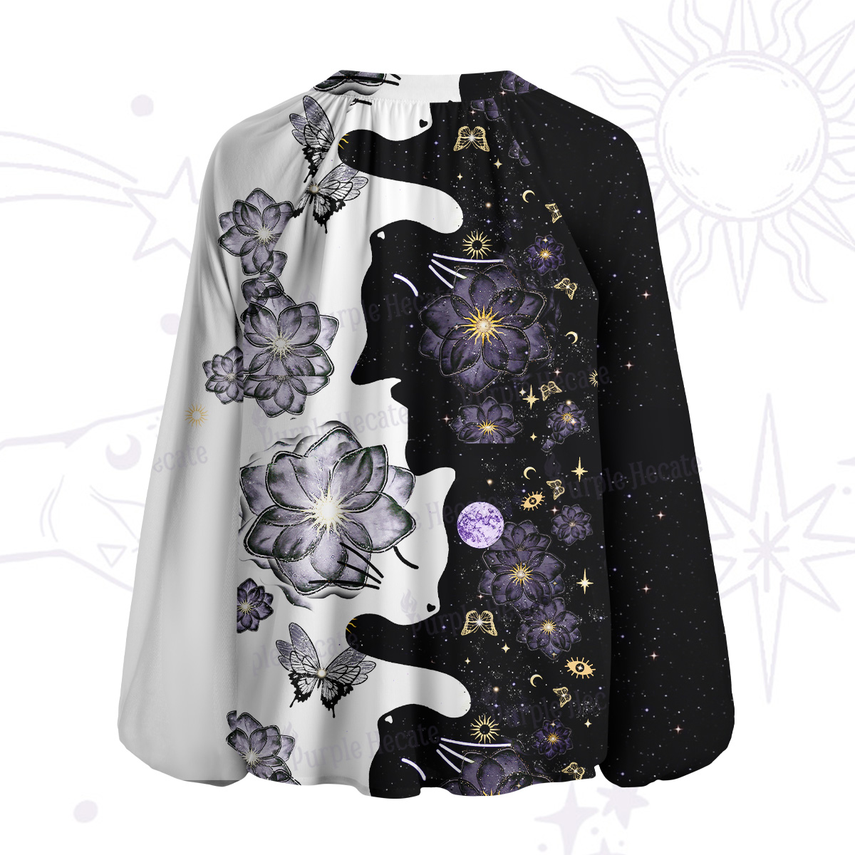 Purplehecate Starlit Cats & Butterflies Split Neck Tie Blouse
