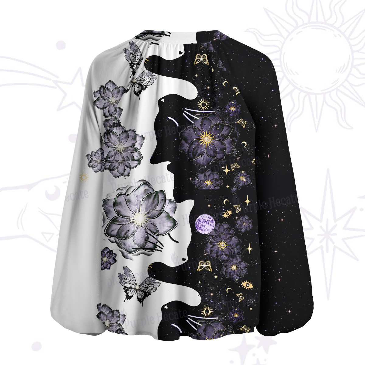 Purplehecate Starlit Cats & Butterflies Split Neck Tie Blouse