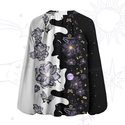 Purplehecate Starlit Cats & Butterflies Split Neck Tie Blouse