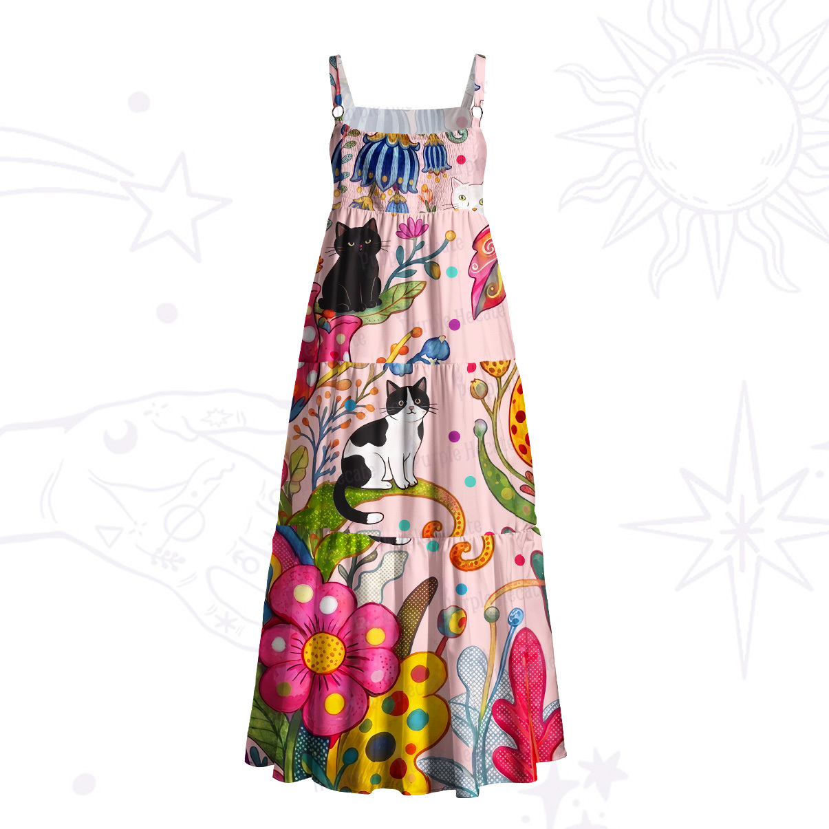 Purplehecate Psychedelic Floral Cat Paradise Wide Straps Maxi Dress