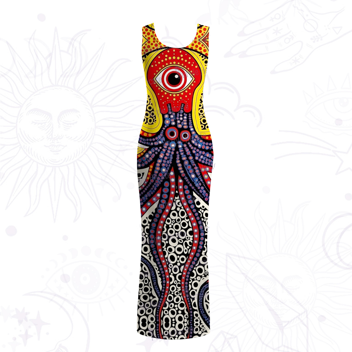 Purplehecate Trippy One‑Eyed Sea Monster Octopus Tentacle Mesh Maxi Tank Beach Dress