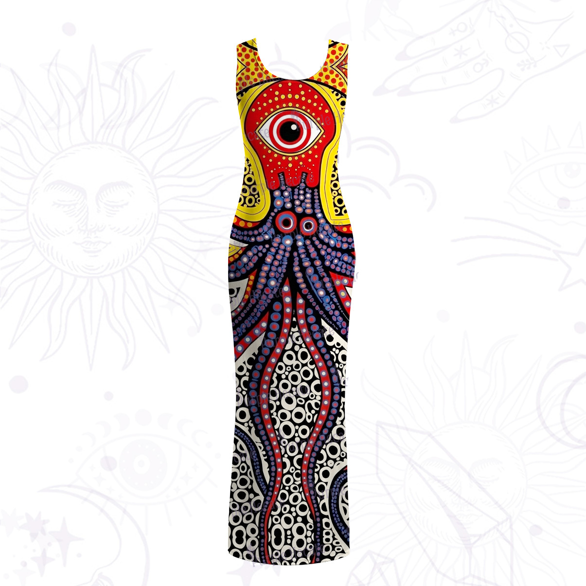 Purplehecate Trippy One‑Eyed Sea Monster Octopus Tentacle Mesh Maxi Tank Beach Dress