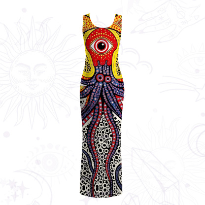 Purplehecate Trippy One‑Eyed Sea Monster Octopus Tentacle Mesh Maxi Tank Beach Dress