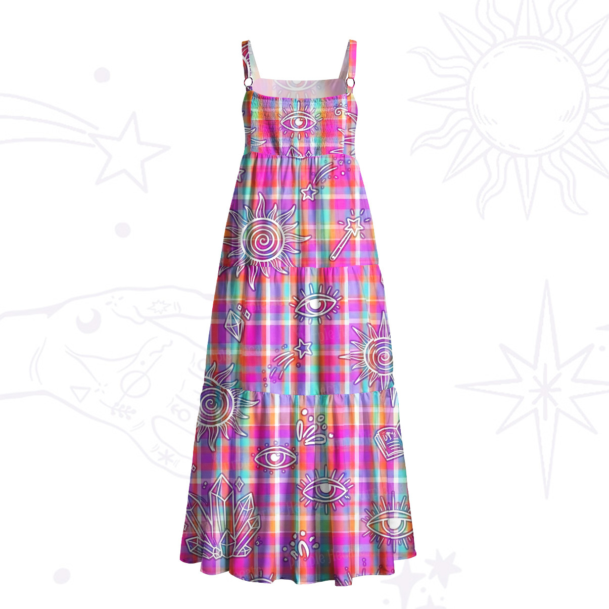 Purplehecate Psychedelic Check Celestial Eye Wide Straps Maxi Dress