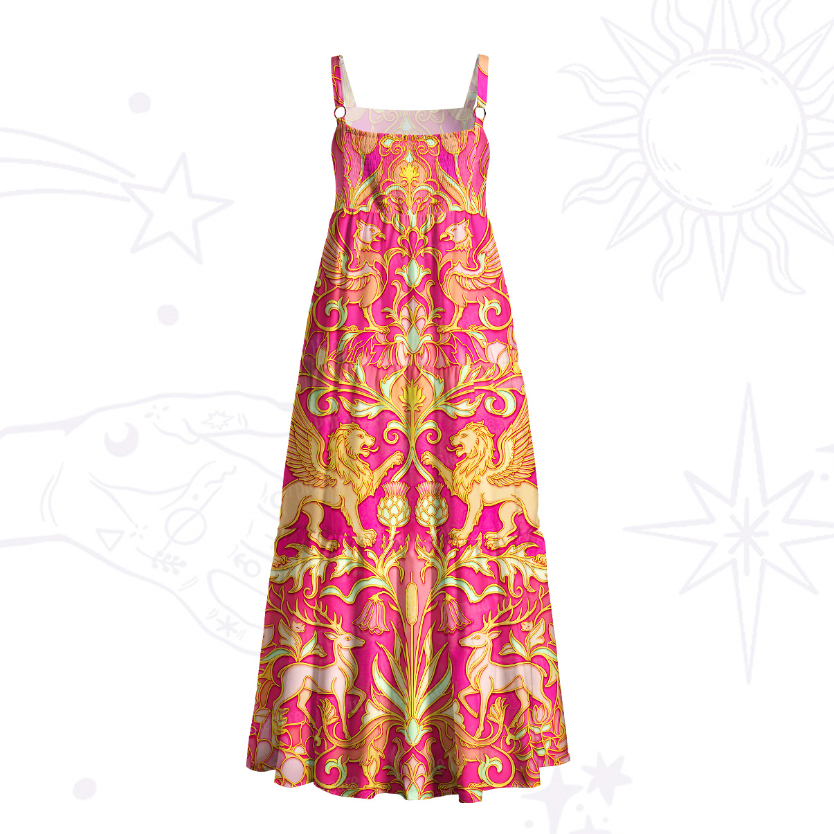 Purplehecate Baroque Lion & Deer Heraldry Wide Straps Maxi Dress