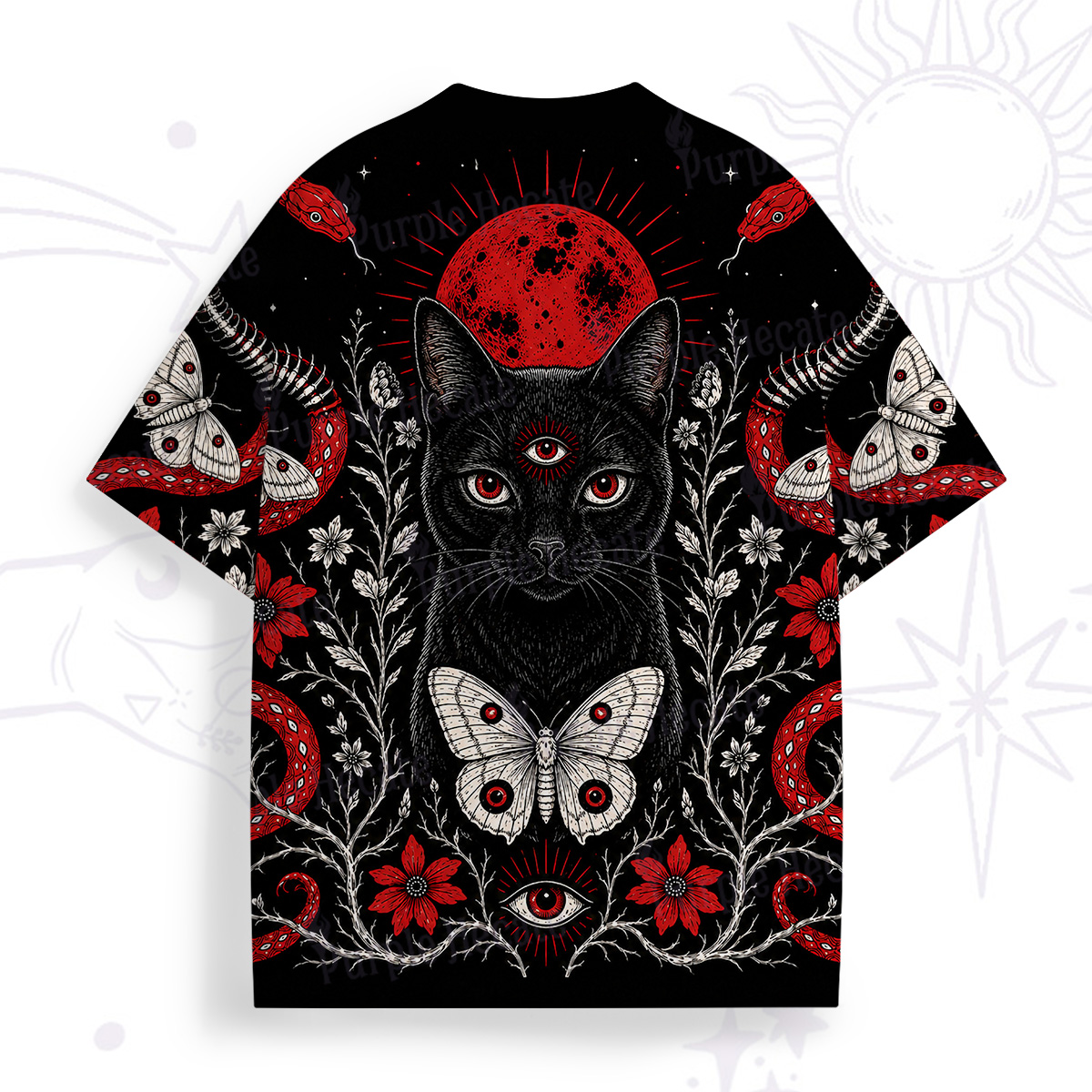 Purplehecate Blood Moon Third‑Eye Black Cat All Over Print T-Shirt