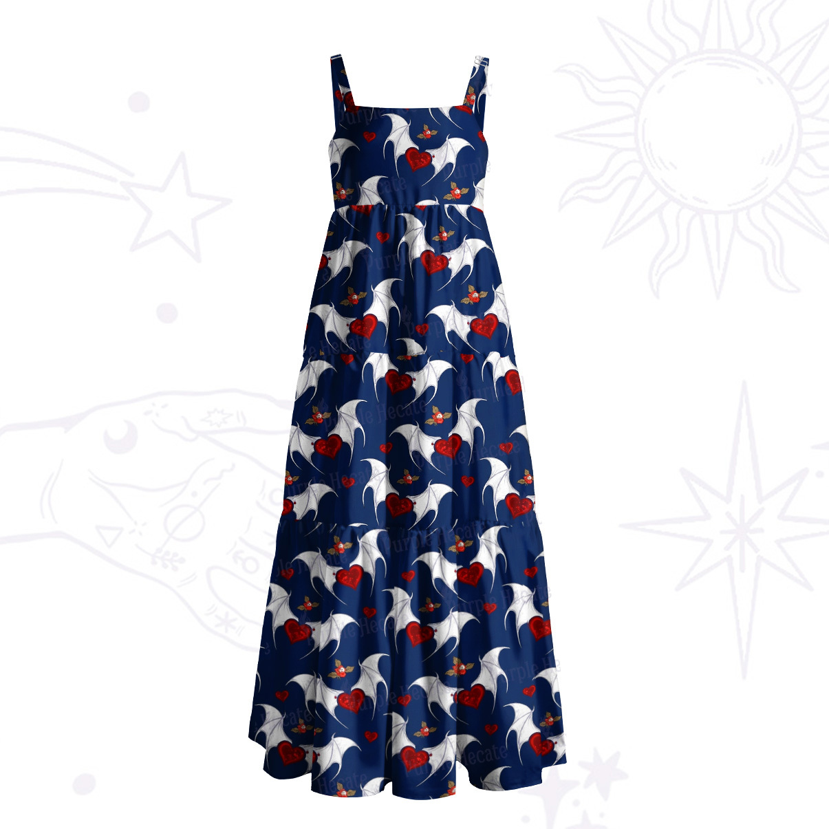 Purplehecate Dark Romance Bat & Heart Wide Straps Maxi Dress