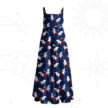 Purplehecate Dark Romance Bat & Heart Wide Straps Maxi Dress