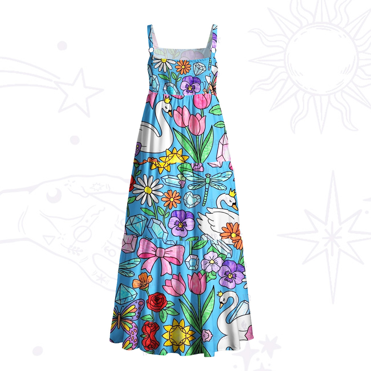 Purplehecate Whimsical Swan Meadow Wide Straps Maxi Dress