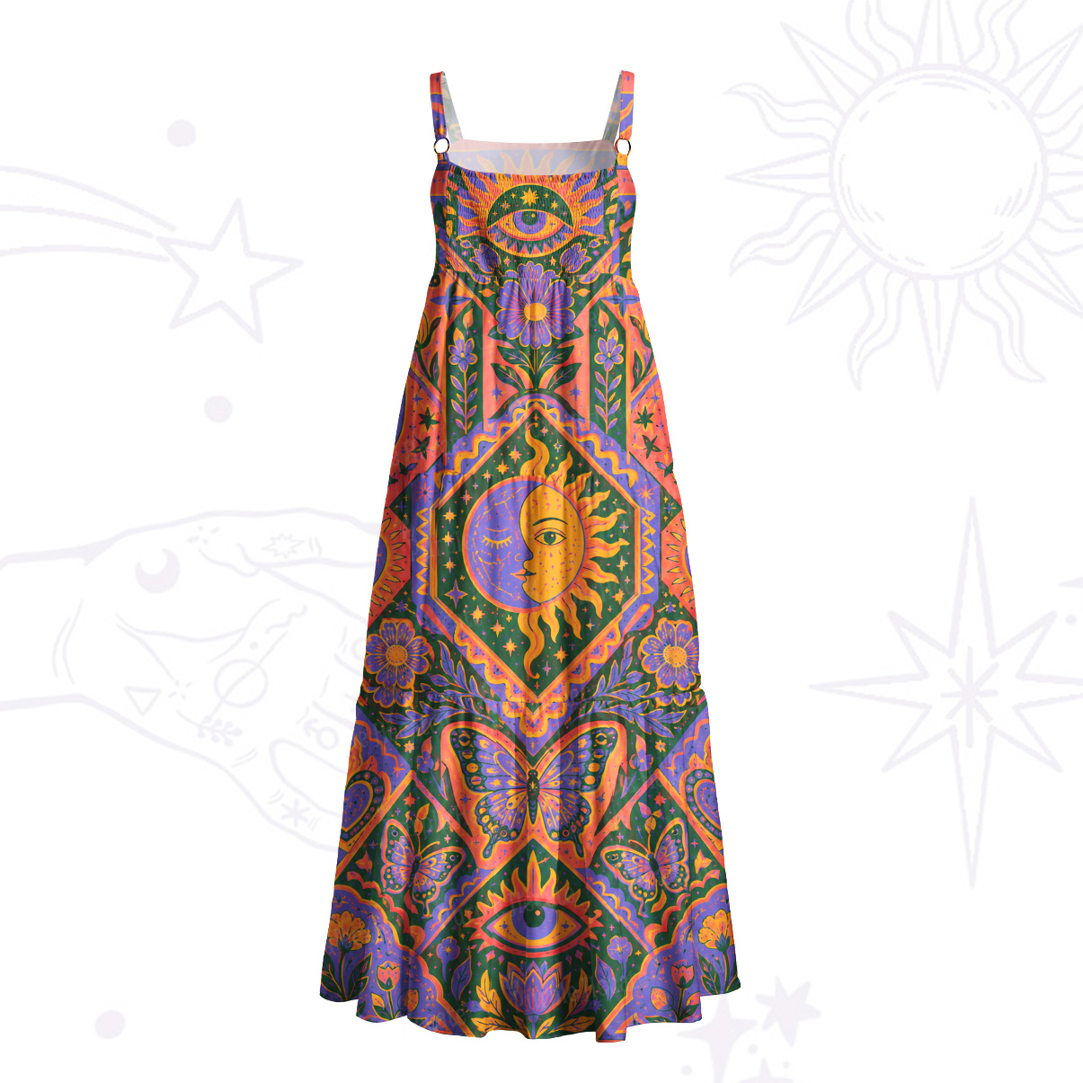 Purplehecate Sun, Moon & Butterfly Secrets Wide Straps Maxi Dress