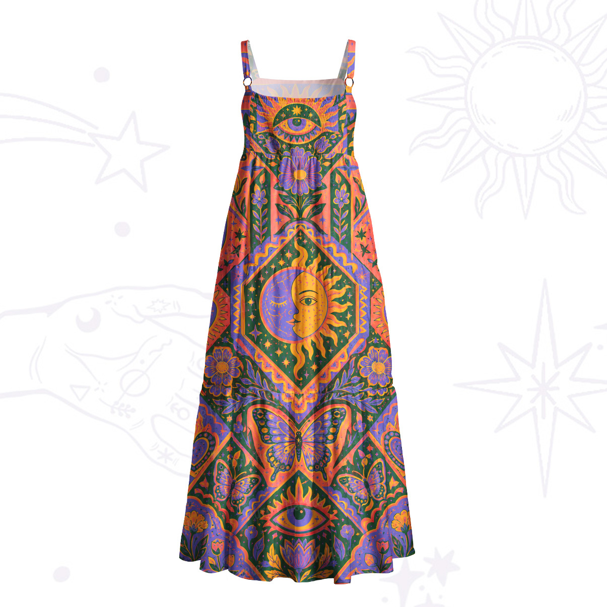 Purplehecate Sun, Moon & Butterfly Secrets Wide Straps Maxi Dress
