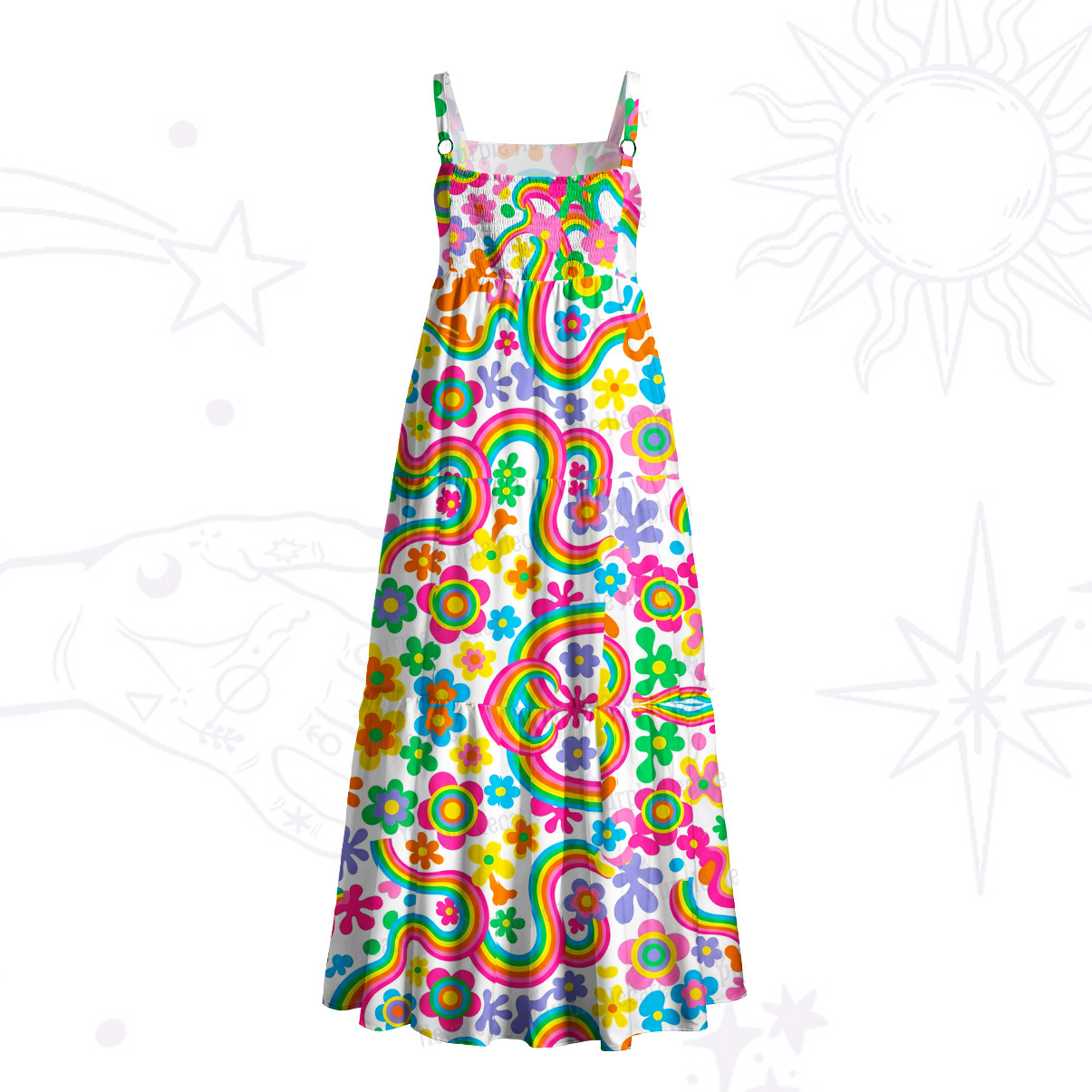 Purplehecate Groovy Rainbow Floral Wide Straps Maxi Dress