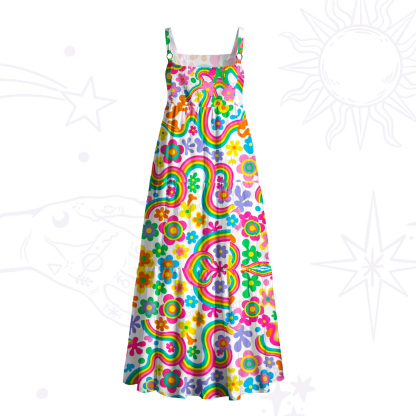 Purplehecate Groovy Rainbow Floral Wide Straps Maxi Dress