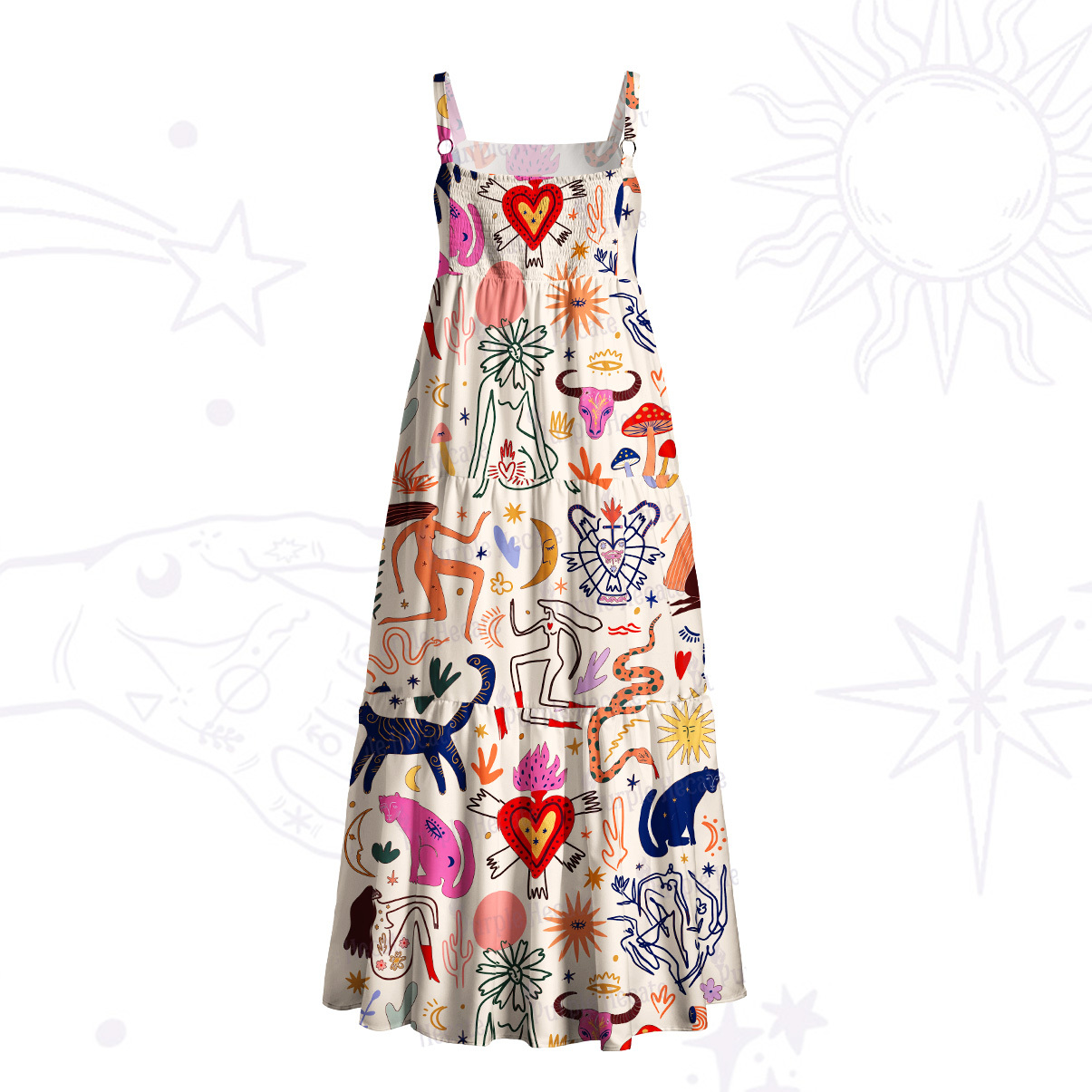 Purplehecate Whimsical Doodle Wide Straps Maxi Dress