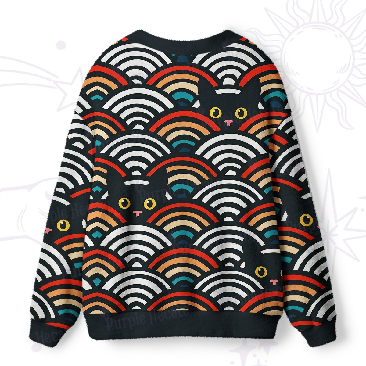 Purplehecate Rainbow Black Cat Waves Ugly Cardigan Sweaters