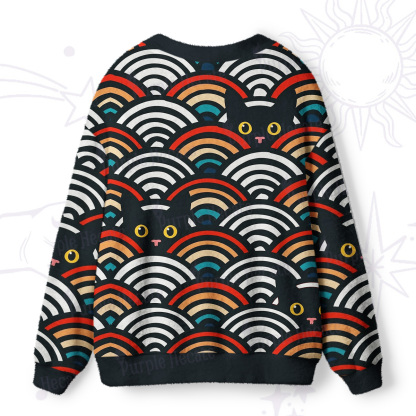 Purplehecate Rainbow Black Cat Waves Ugly Cardigan Sweaters