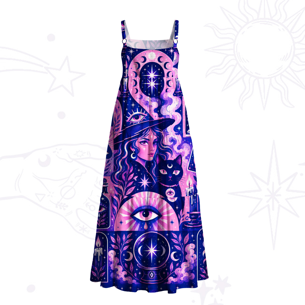 Purplehecate Enchanted Night Witch Cat Galaxy Wide Straps Maxi Dress