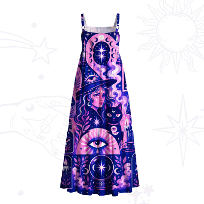 Purplehecate Enchanted Night Witch Cat Galaxy Wide Straps Maxi Dress