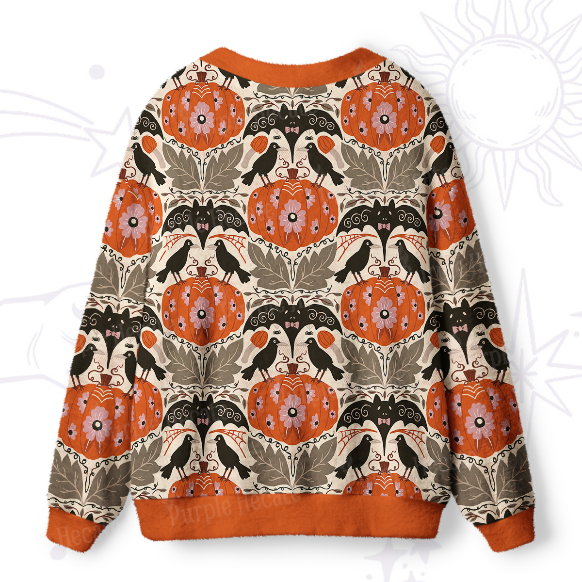 Purplehecate Ravens and Bats Beneath the Harvest Pumpkins Ugly Cardigan Sweaters