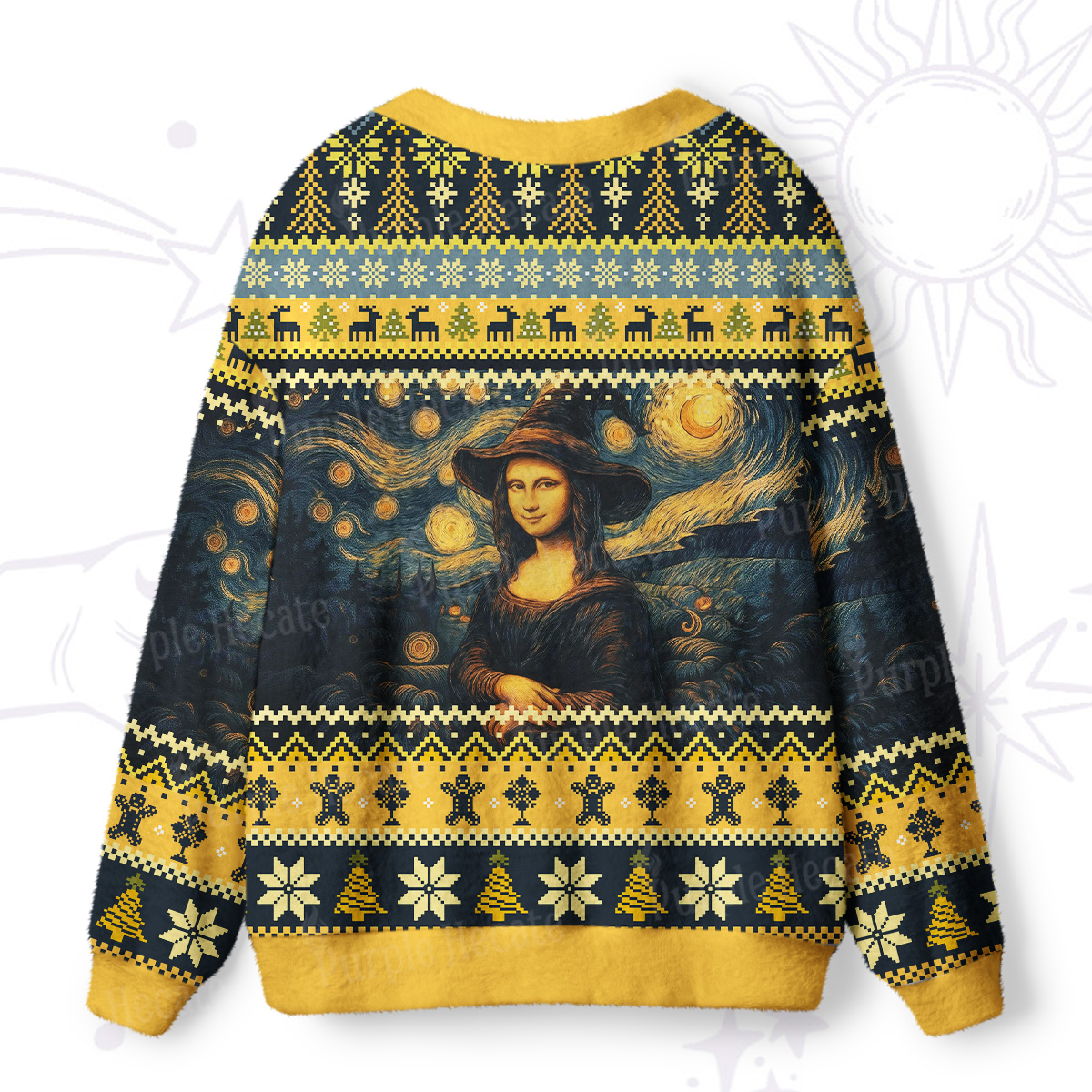 Purplehecate Mona Lisa Under the Starry Sky Ugly Cardigan Sweaters