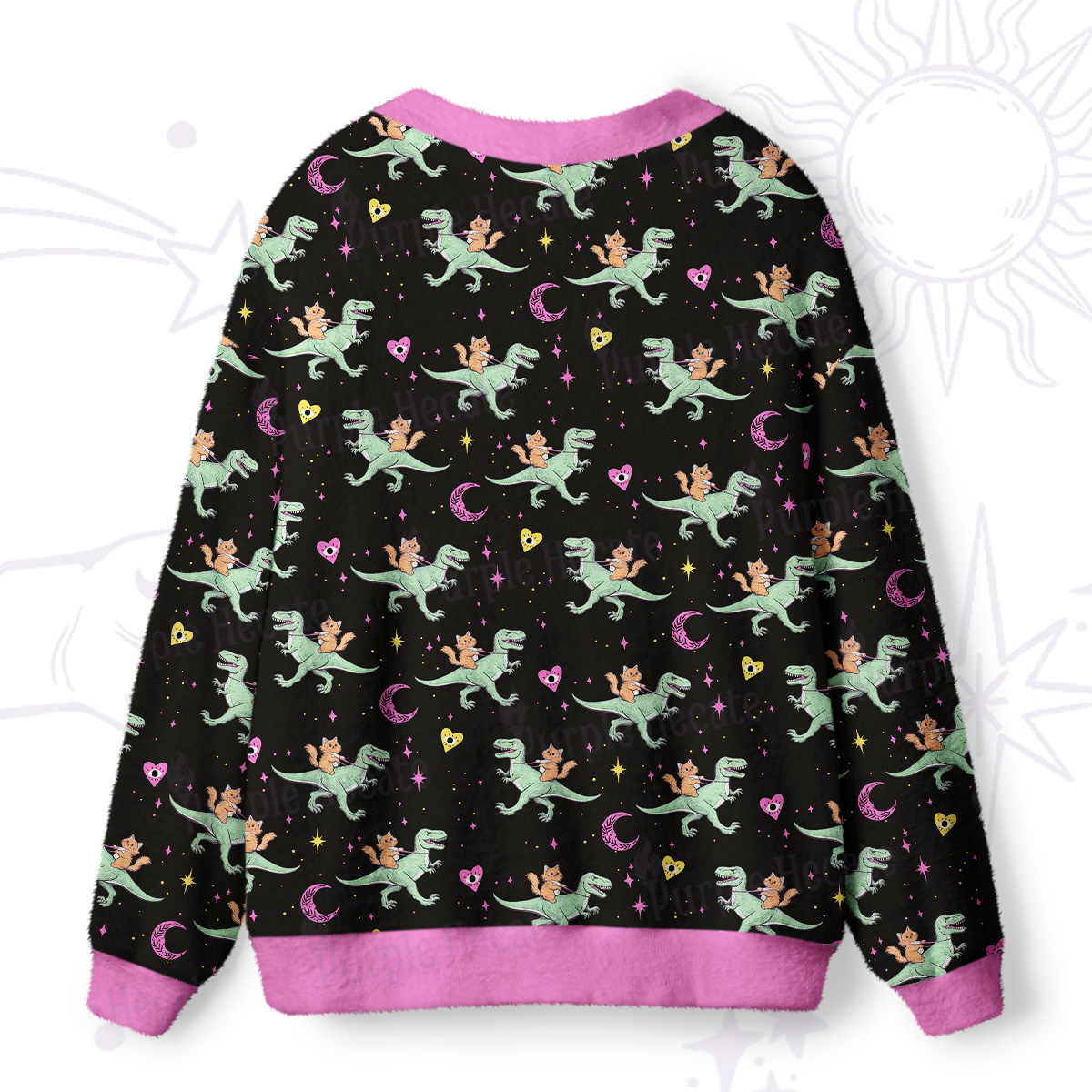 Purplehecate Witch Cat Rides the Dino Ugly Cardigan Sweaters