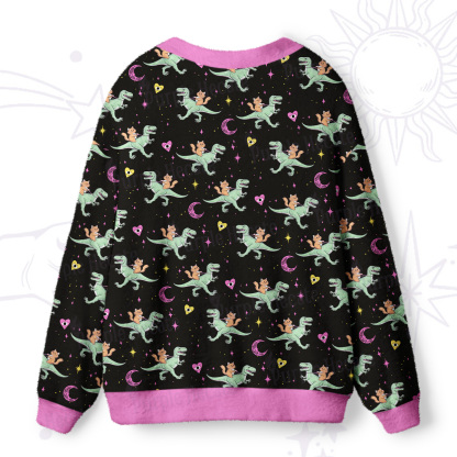 Purplehecate Witch Cat Rides the Dino Ugly Cardigan Sweaters