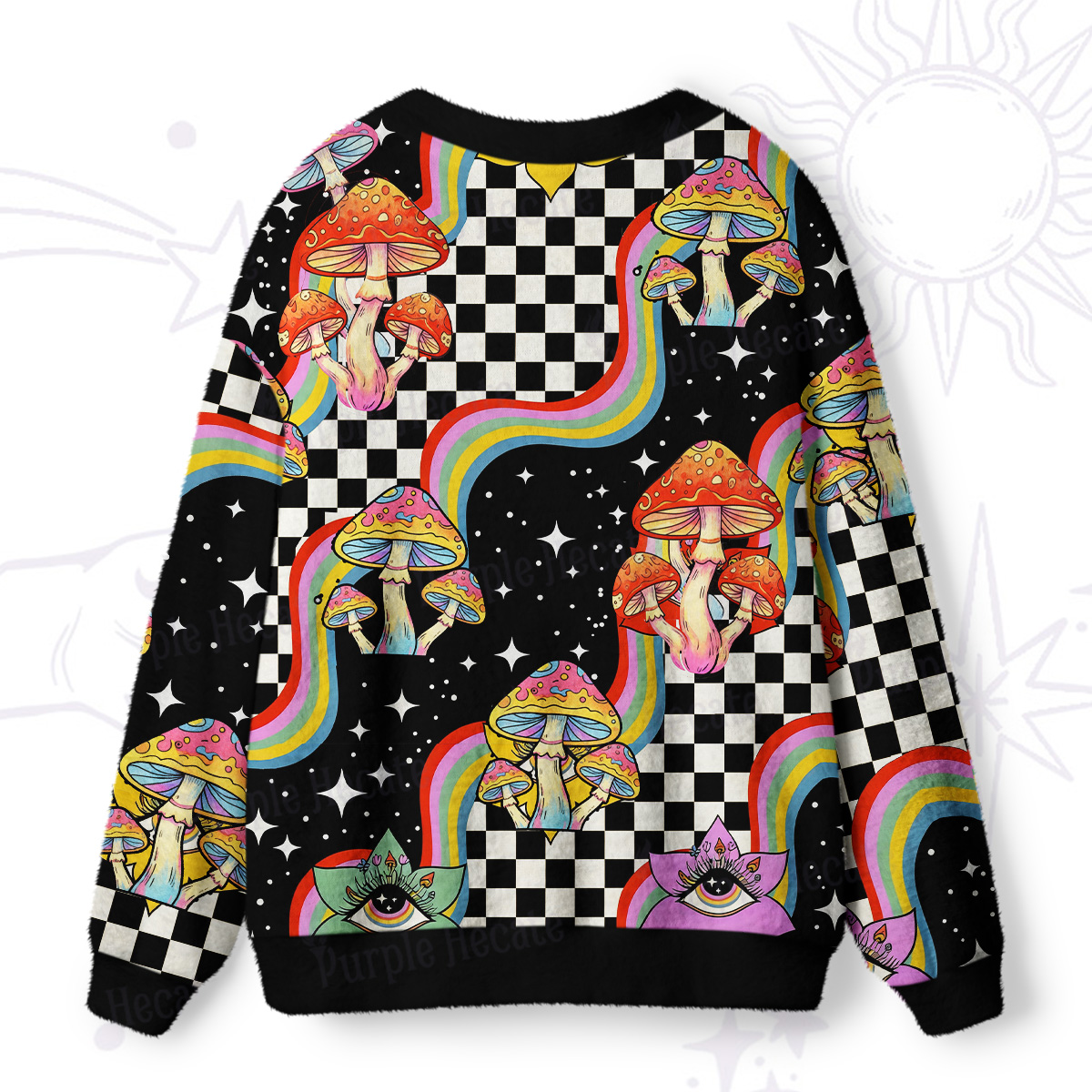 Purplehecate Trippy Rainbow Mushrooms Ugly Cardigan Sweaters