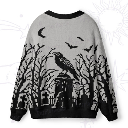 Purplehecate Ravens Over the Spooky Graveyard Ugly Cardigan Sweaters