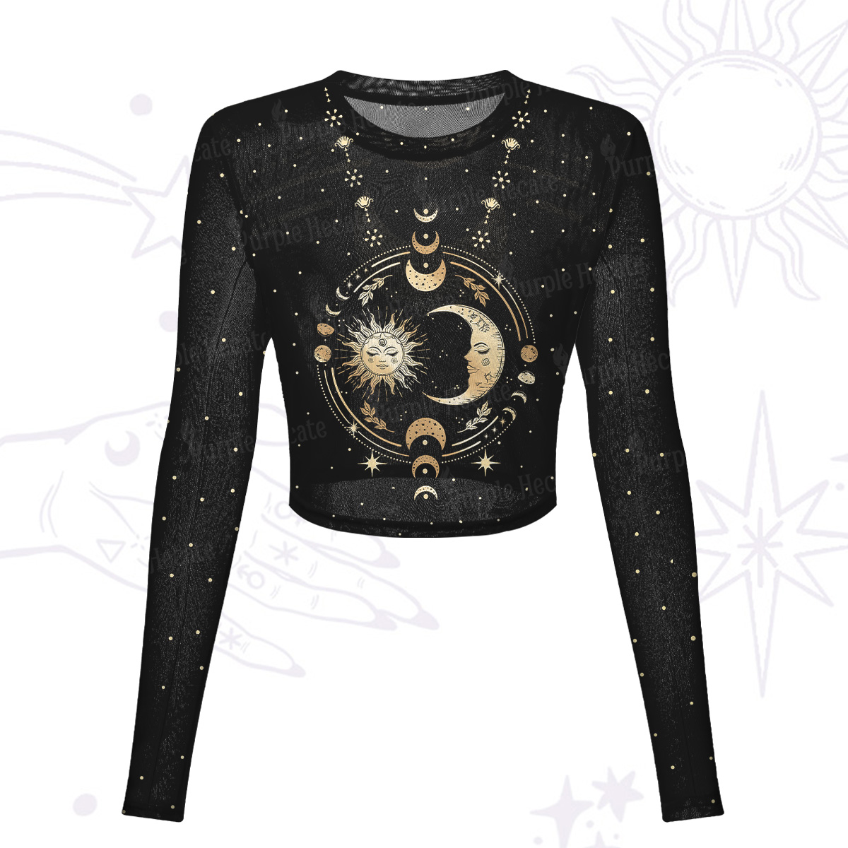 Purplehecate Celestial Sun and Moon Mesh Long Sleeve Crop Top