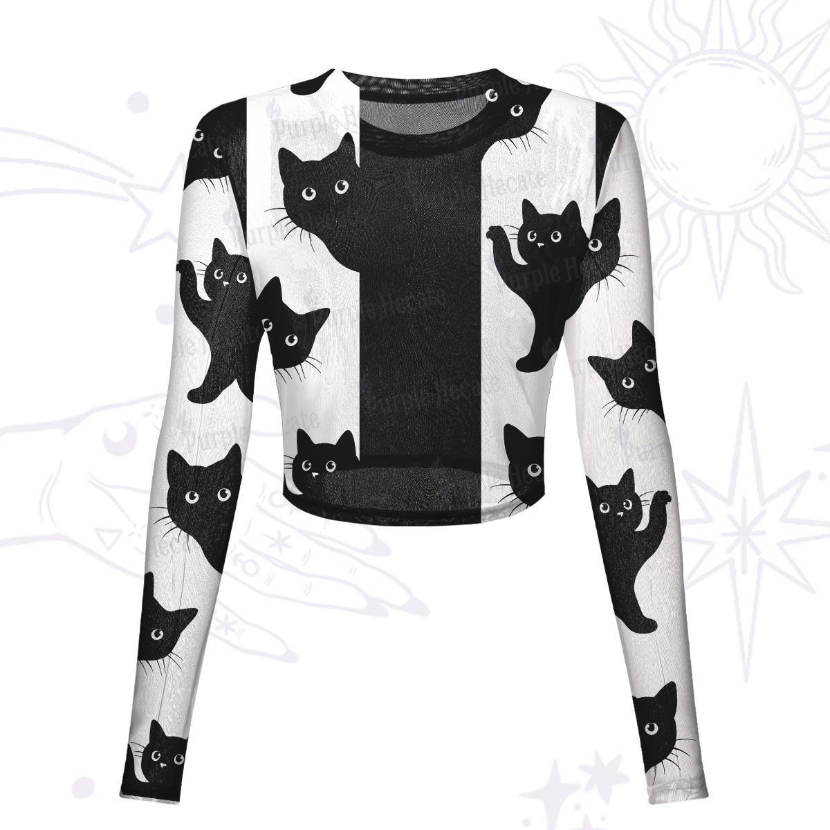 Purplehecate Peekaboo Cats Mesh Long Sleeve Crop Top