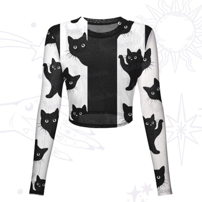 Purplehecate Peekaboo Cats Mesh Long Sleeve Crop Top