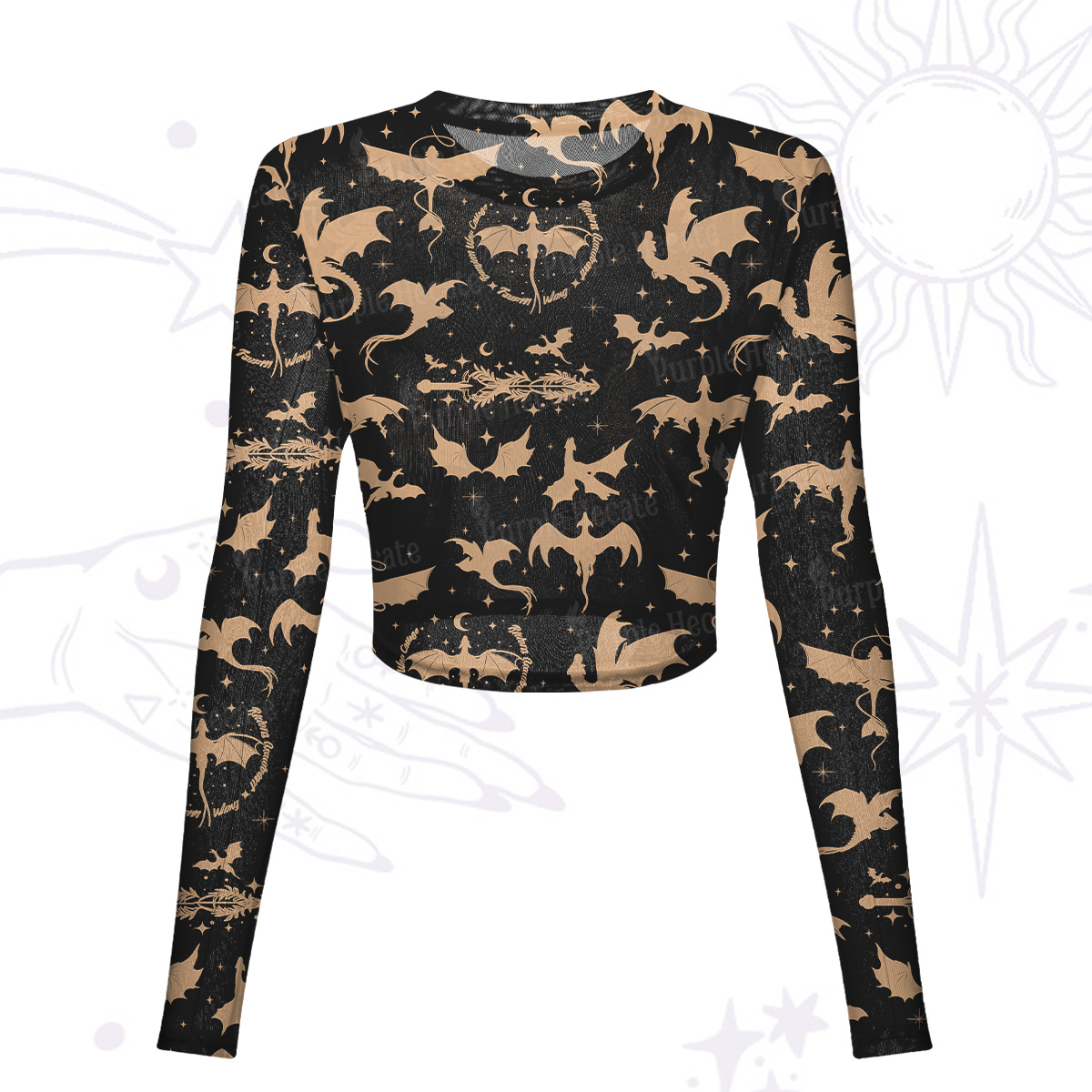 Purplehecate Fantasy Dragon Allover Mesh Long Sleeve Crop Top