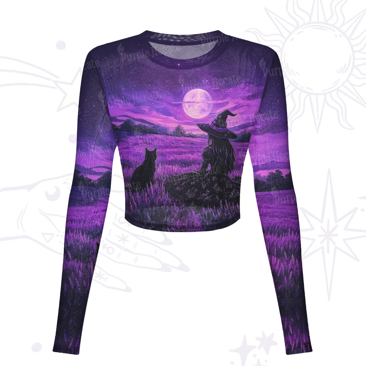 Purplehecate Dreamy Purple Witch and Black Cat Mesh Long Sleeve Crop Top