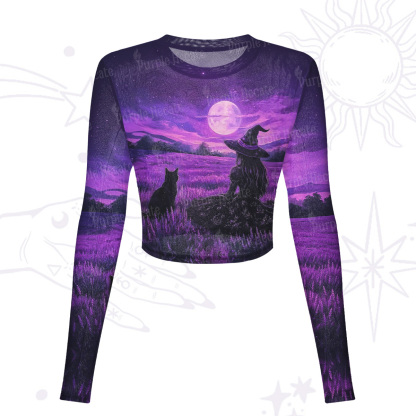 Purplehecate Dreamy Purple Witch and Black Cat Mesh Long Sleeve Crop Top