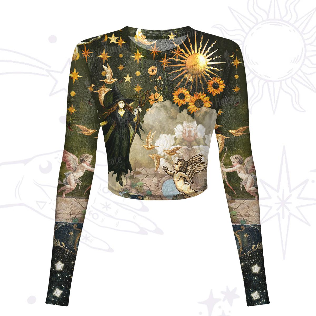 Purplehecate Garden of the Celestial Witch Mesh Long Sleeve Crop Top