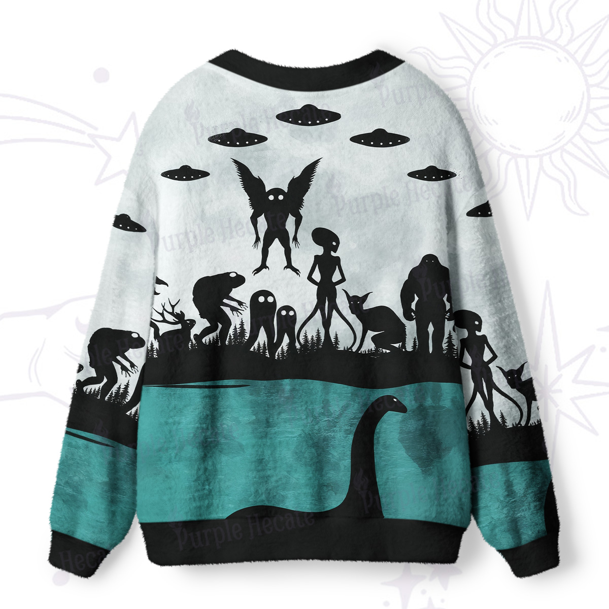 Purplehecate Alien Lake Monster Encounter Ugly Cardigan Sweaters