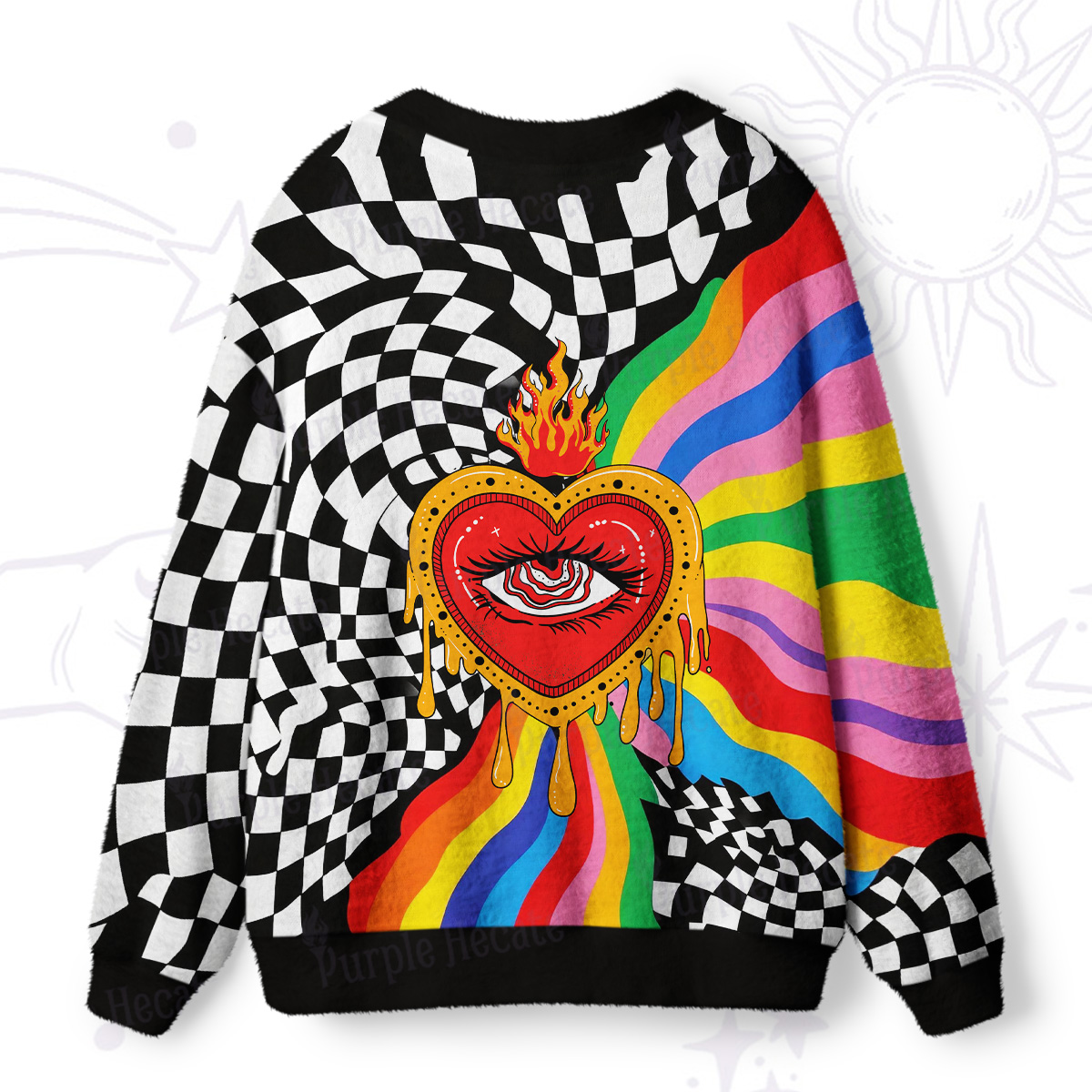 Purplehecate Trippy Rainbow Heart Eye Knit Ugly Cardigan Sweaters